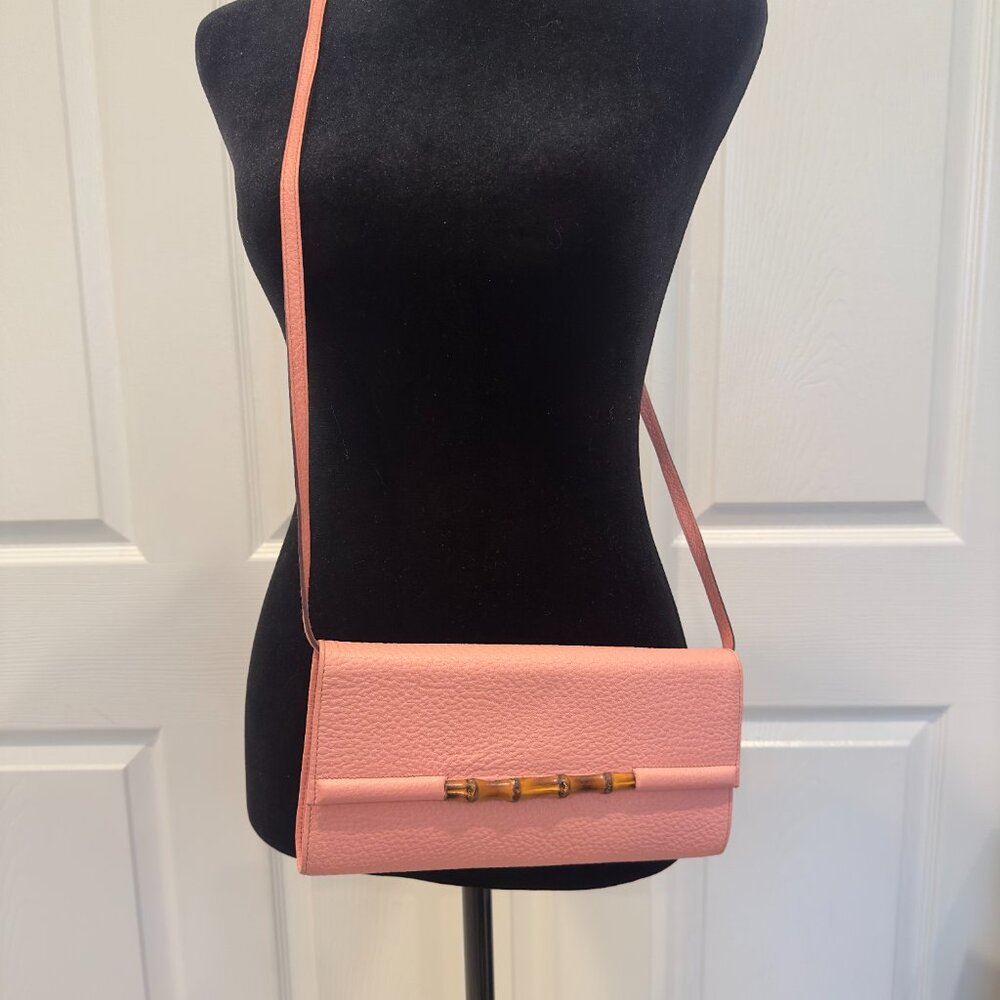 Gucci Pink Leather Bamboo Clutch w/ Removable Strap
